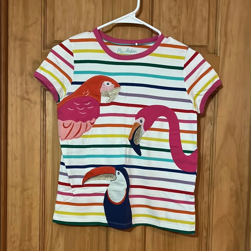 Mini Boden Rainbow Stripe Tee with Bird Appliqués